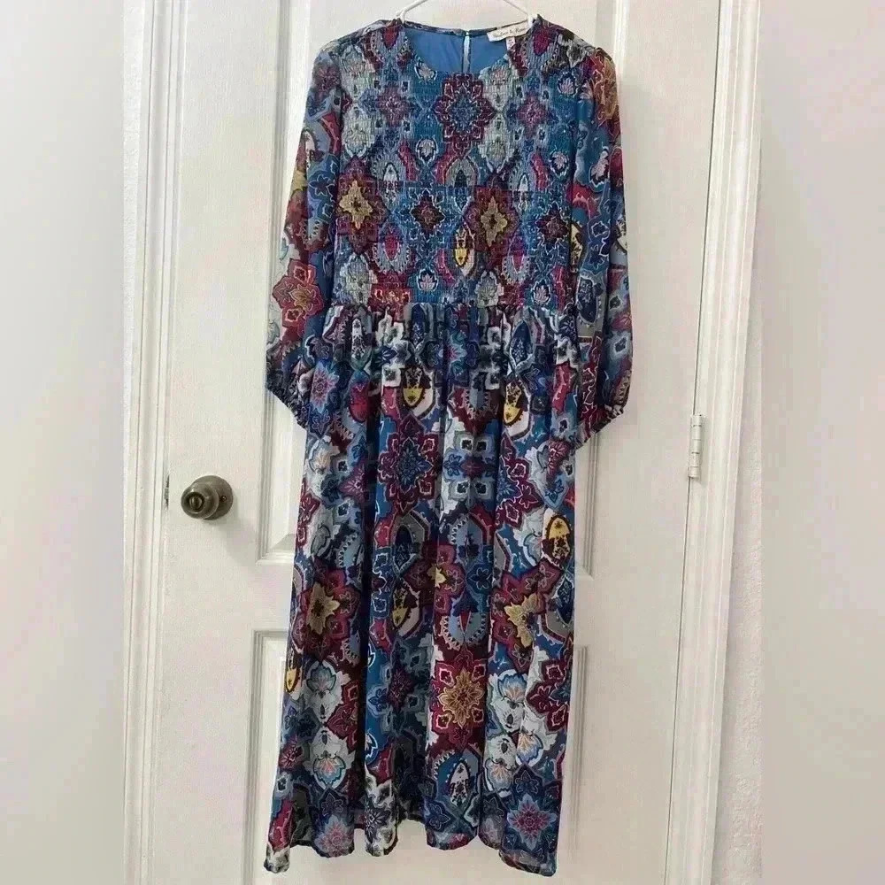 Harlow & Rose Dress Women’s Size Medium Smocked Modest Prairie Boho Peasant